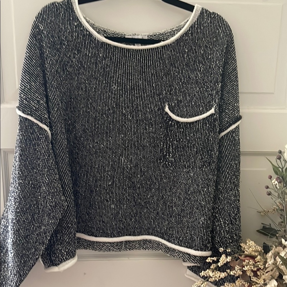 White Birch Black and White Crew Neck Sweater with Textured Knit